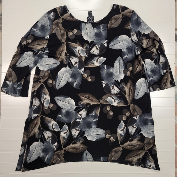 Clara Sun Woo Top Tunic 3/4 Sleeve Scoop Neck Slit Side Leaves Size Large - Picture 6 of 7